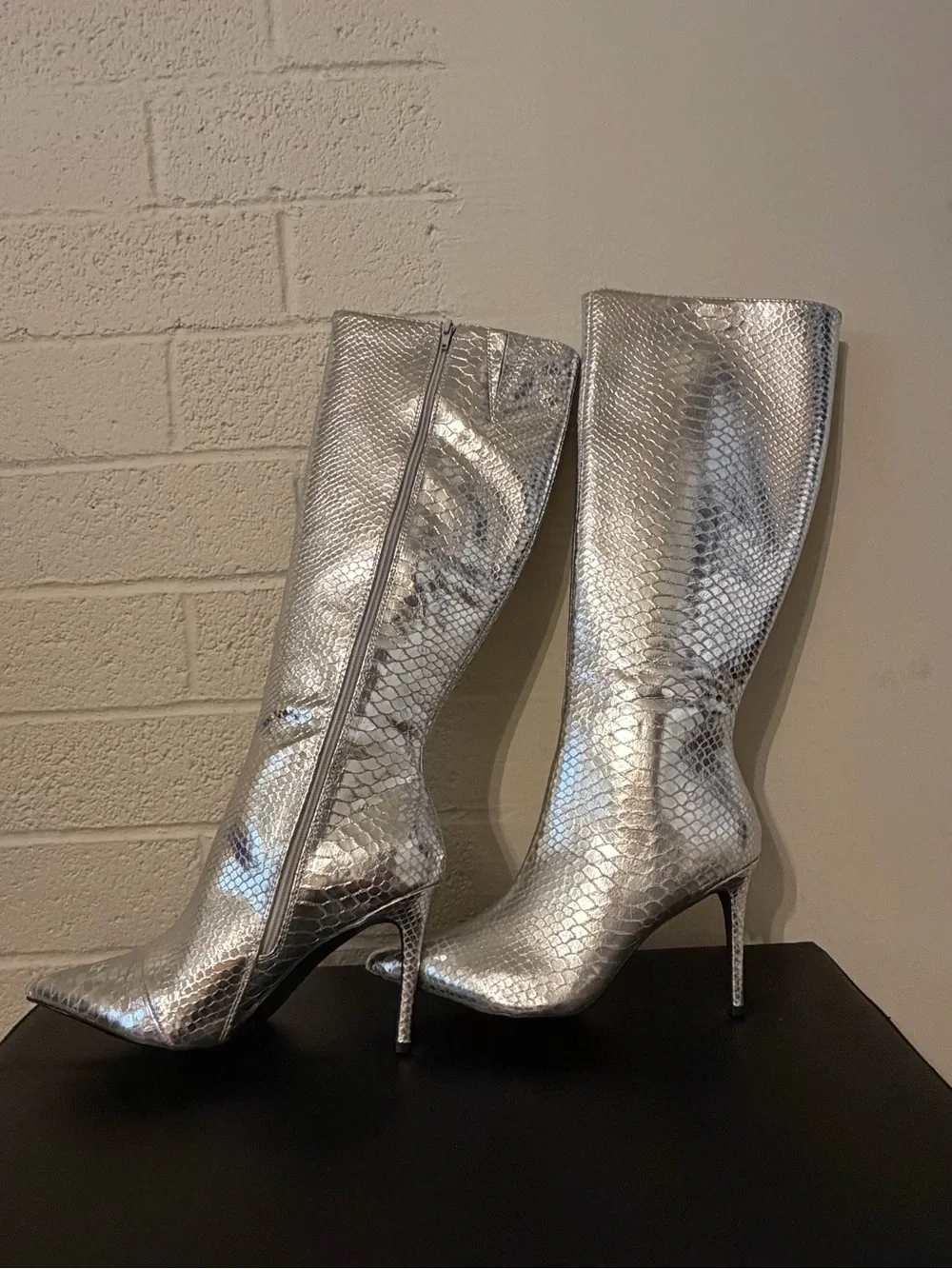 INC International Concepts Silver Snakeskin Over-the-Knee Stiletto Boots in